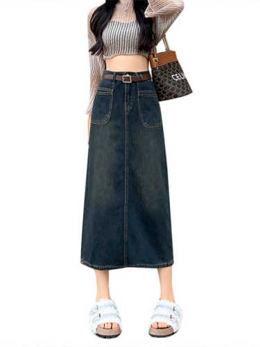 Retro front patch pocket denim skirt for small women new high waist mid-length A-line slit one-step skirt