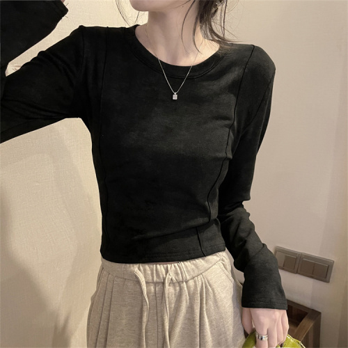 Real shot of autumn and winter round neck long-sleeved tops for women, slim-fitting inner layering shirts, velvet thickened T-shirts, short styles