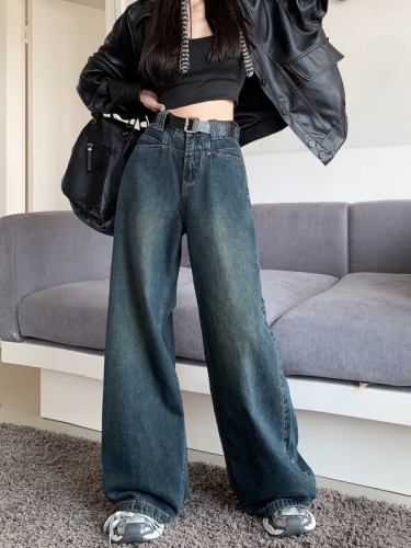Actual shot #New loose high-waisted denim trousers for women washed spliced ​​wide-leg floor-length trousers