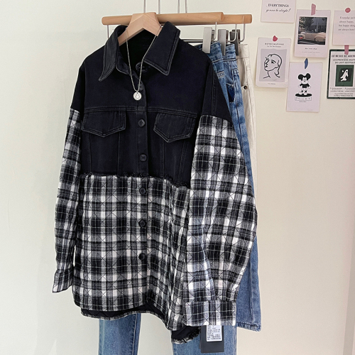 Thickened quilted plaid denim splicing jacket for women  winter season Korean style retro loose versatile slimming top