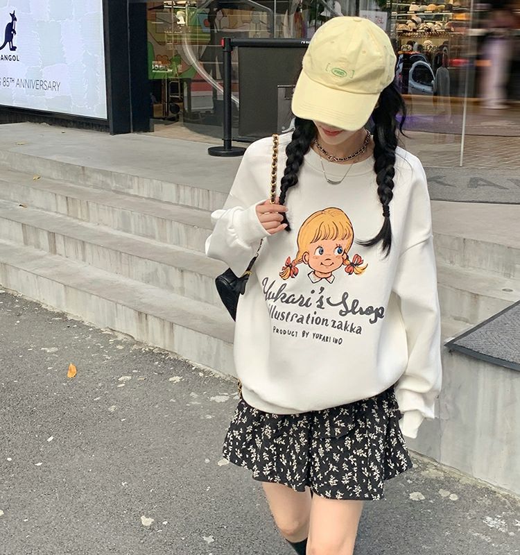 Thin fleece long-sleeved sweatshirt for women, round neck printed t-shirt for women
