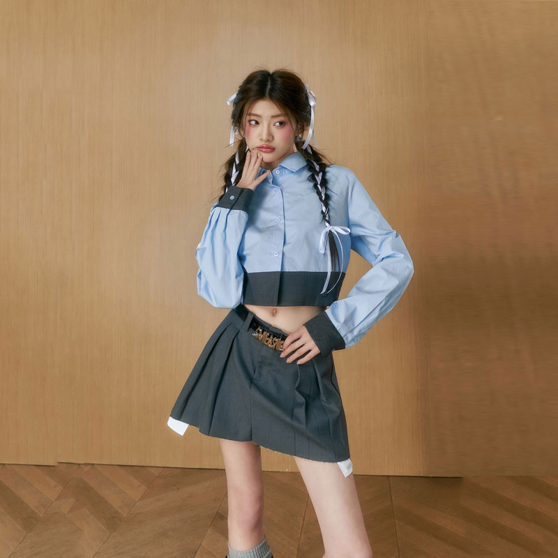 Blue spliced ​​short shirt for women spring and autumn new design niche French high-end shirt long-sleeved top