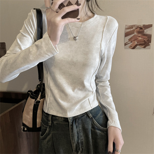 Real shot of autumn and winter round neck long-sleeved tops for women, slim-fitting inner layering shirts, velvet thickened T-shirts, short styles