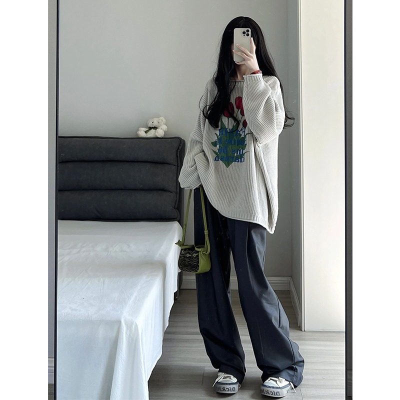 Tulip sweater women's autumn and winter 2023 new style lazy style loose mid-length letter pullover long-sleeved knitted top