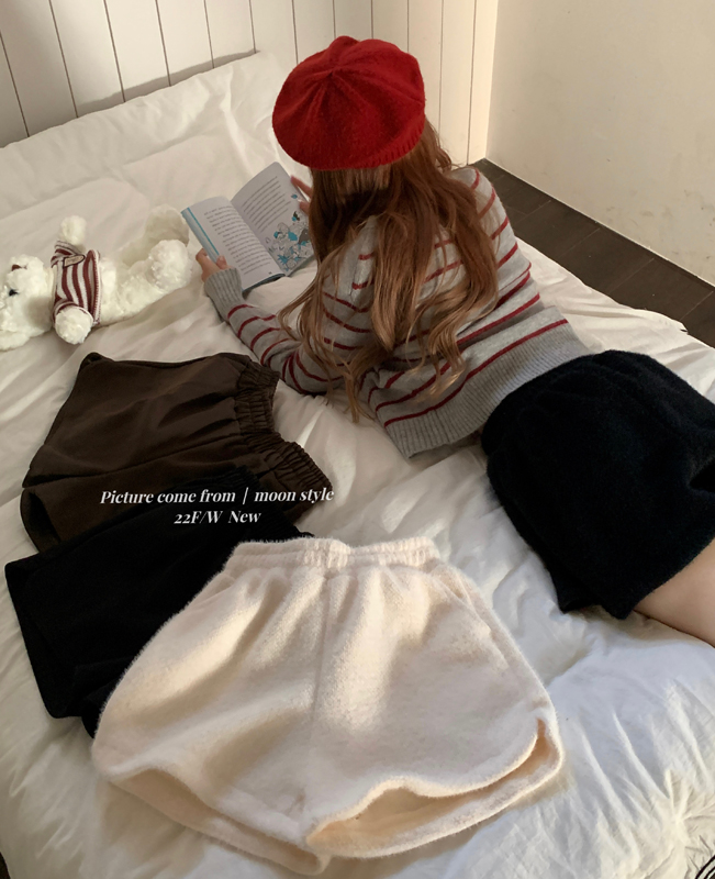 高腰水貂絨休閒褲女裝秋冬季2023新款小個子短褲寬鬆a字闊腿褲子