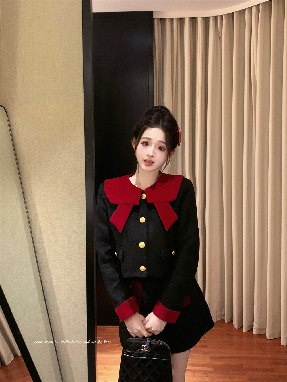實拍聖誕小香風撞色秋冬韓劇女主穿搭娃娃領外套高腰半身裙兩件套