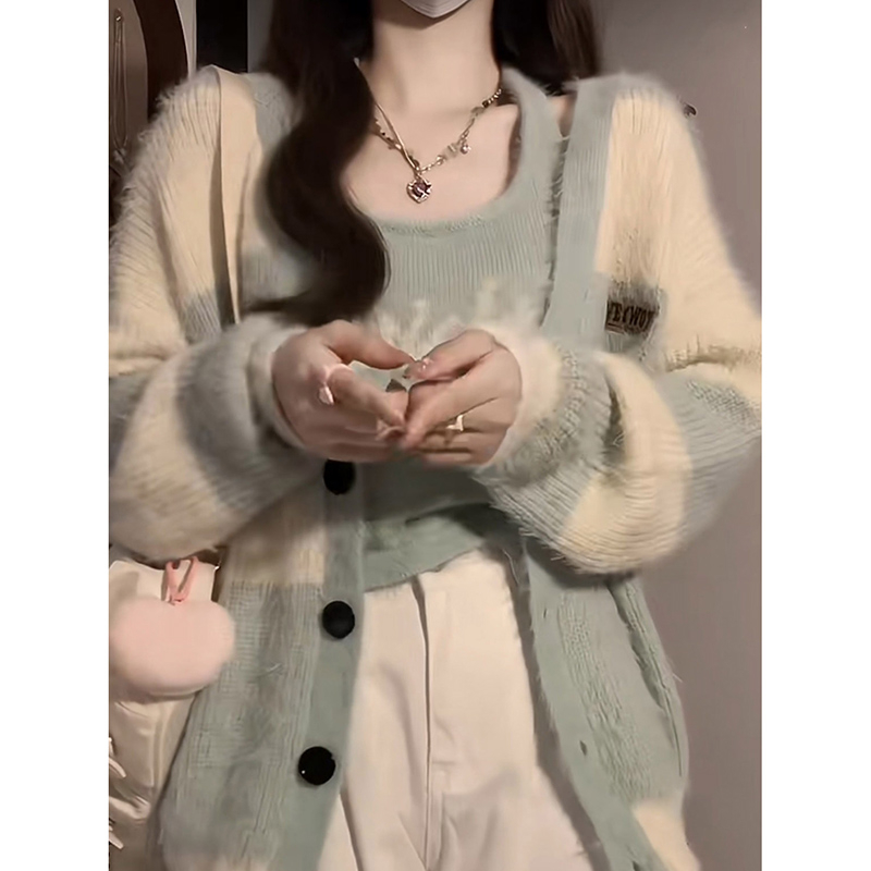 Gentle and lazy style mint green striped mink velvet sweater jacket for women in autumn and winter design v-neck knitted cardigan