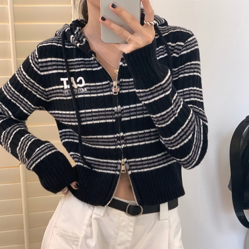 Real shot striped short zipper sweater cardigan autumn and winter sweet and spicy style hooded solid color sweater top for women