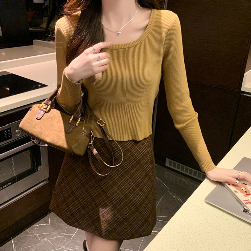 Real shot#Right shoulder u-neck long-sleeved sweater for women autumn design sweater bottoming shirt with slim fit top