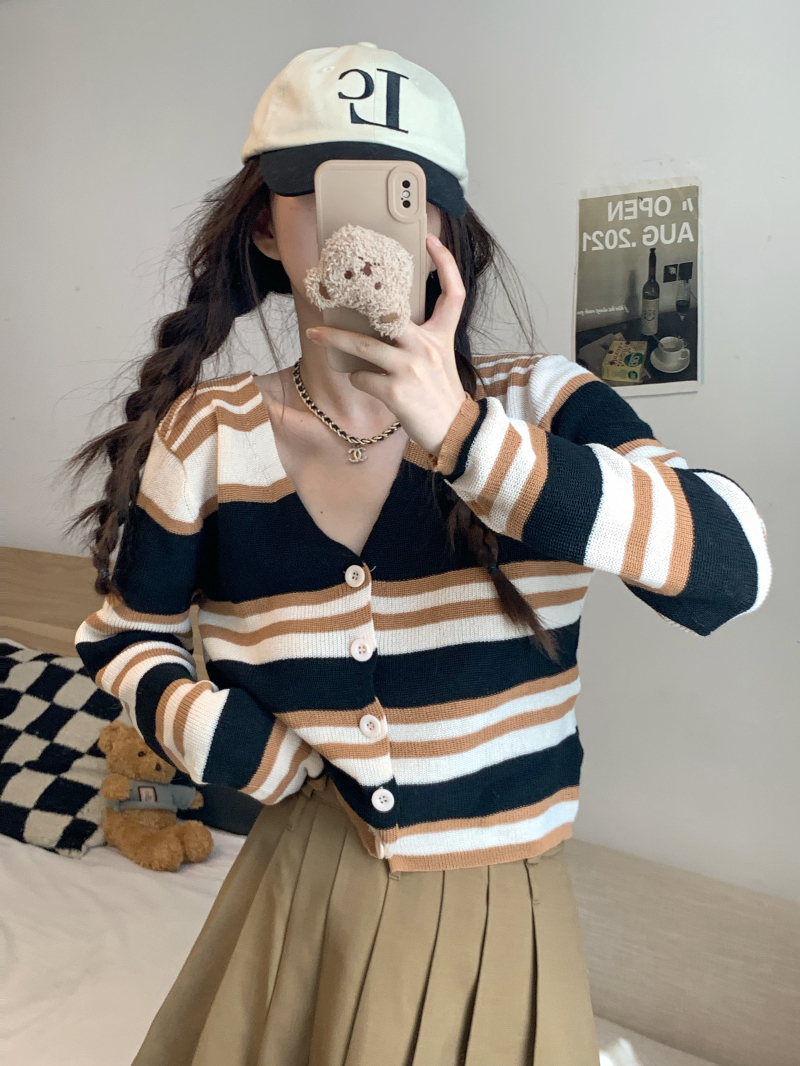 Actual shot of striped contrast color casual college style short cardigan sweater jacket