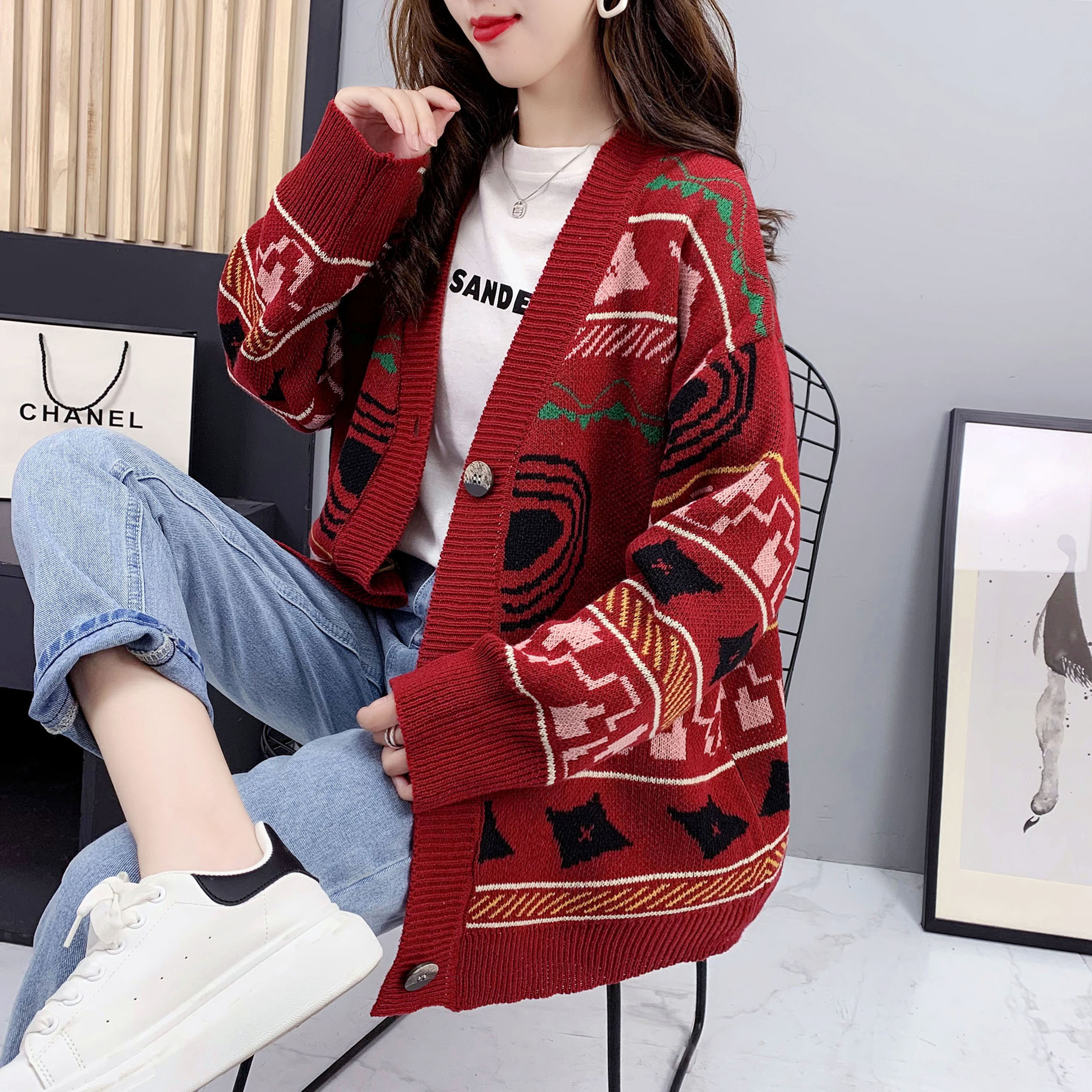 Real shot of retro jacquard knitted cardigan for women's spring new style lazy style sweater jacket spring and autumn loose outer wear trend