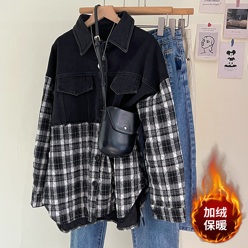 Thickened quilted plaid denim splicing jacket for women 2023 winter season Korean style retro loose versatile slimming top