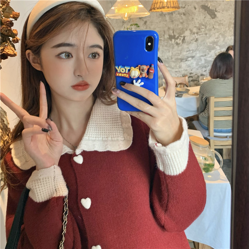 加厚娃娃領聖誕毛衣外套女秋冬新款法式紅色針織開衫短款上衣冬季
