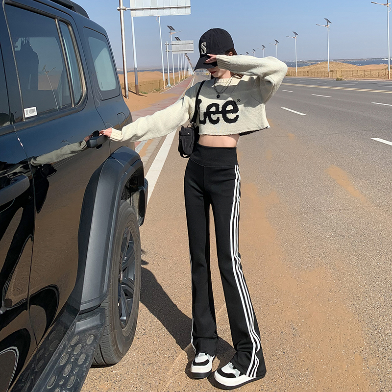 實拍條紋微喇叭褲女加厚三條槓秋冬新款高腰顯瘦運動瑜伽鯊魚長褲