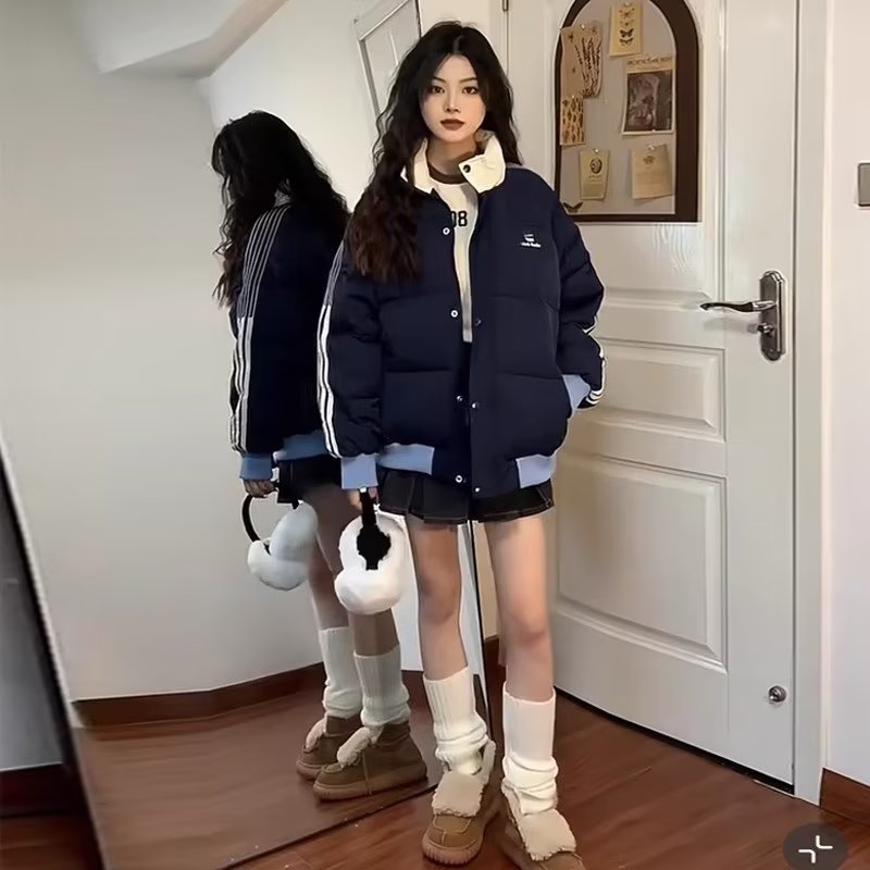 小個子羽絨棉服女冬季新款加厚棉襖外套oversize情侶條紋韓系棉衣