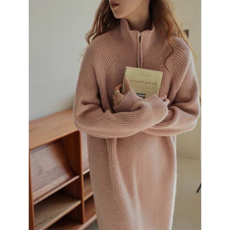 2023 Autumn and Winter New Solid Color Over-the-Knee Mid-Length Loose Bottoming Sweater Skirt Knitted Thickened Dress for Women