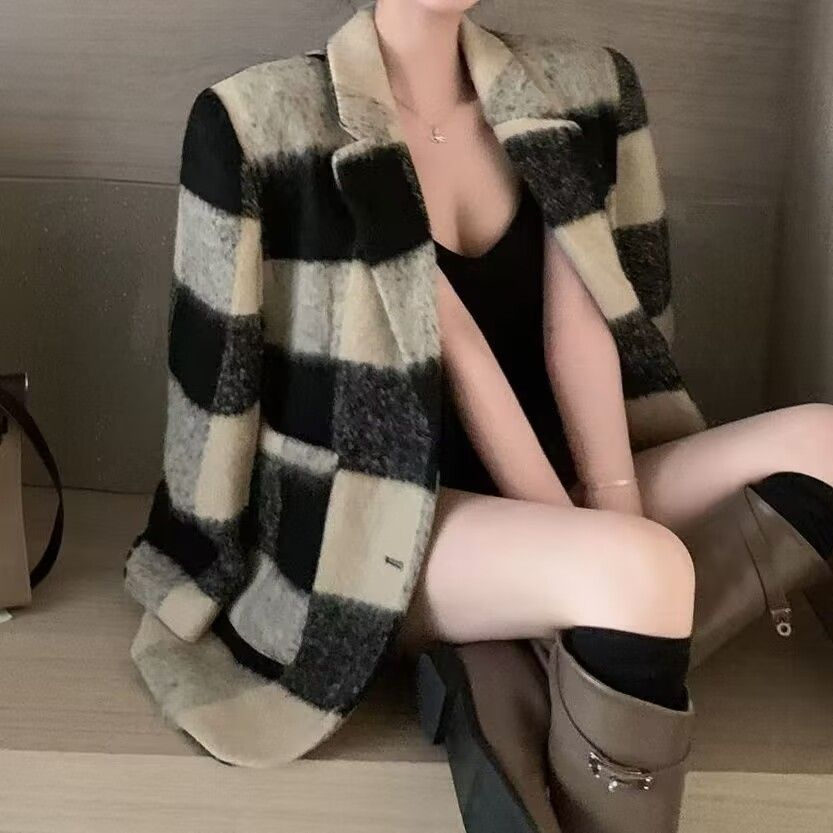 Plaid Woolen Suit Jacket Women's 2023 Autumn and Winter New Korean Loose Thickened Small Retro Woolen Coat