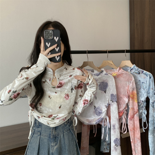 Actual shot of new Chinese-style plate button printed velvet long-sleeved T-shirt for women with pleated slim short bottoming top