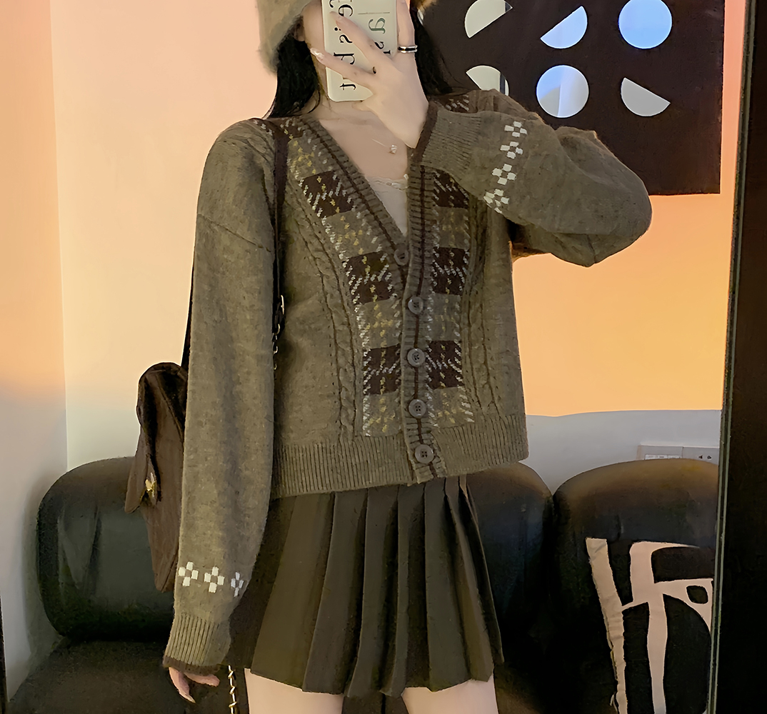 實拍~復古學院風格紋V領針織開衫女秋2023慵懶風百搭毛衣外套