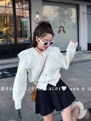 Korean style sweet ruffled doll collar knitted cardigan for women autumn and winter new style soft and waxy age-reducing design sweater jacket
