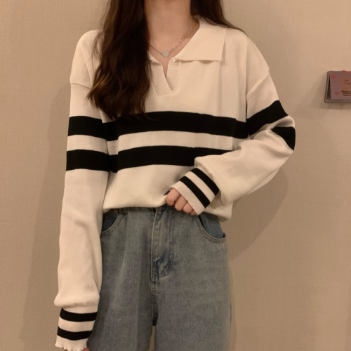 Actual shot of Korean style Polo collar long-sleeved sweater for women striped loose sweater