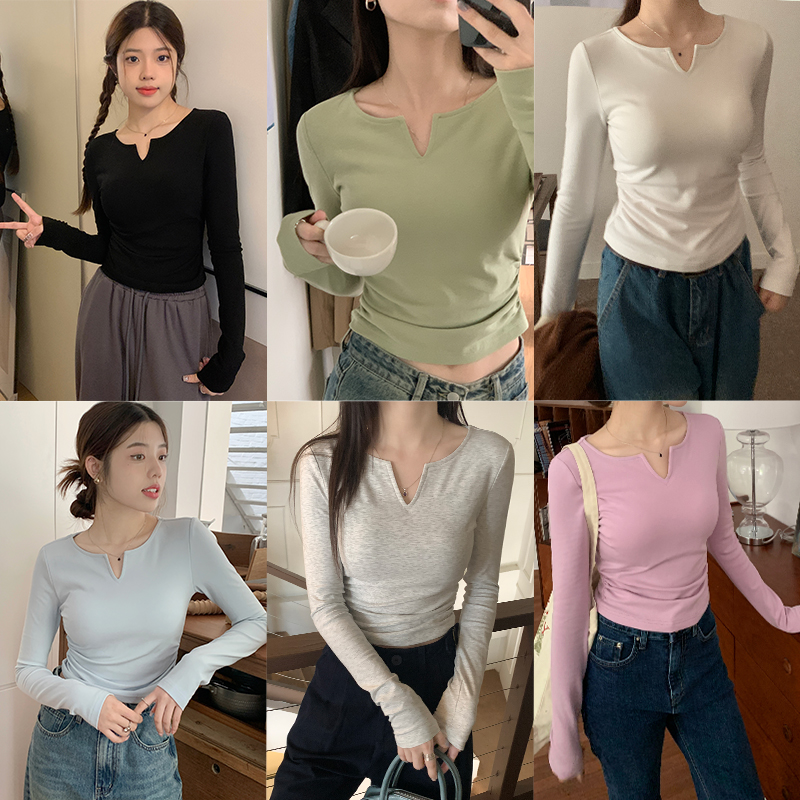 Real shot of short bottoming shirt with breast pads for women 2023 slim fit plus velvet for slimming, wear outside and wear inside with long-sleeved T-shirt