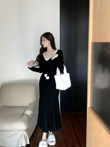 Actual shot~French pure desire black slim dress for women, waist-cinching, temperament and design, autumn and winter bottoming long skirt