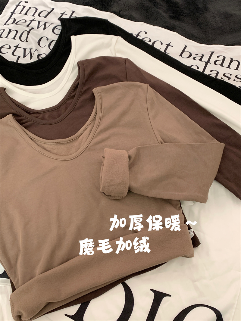 Real shot of brushed thickened sexy V-neck elastic slim short inner layering shirt long-sleeved outer T-shirt