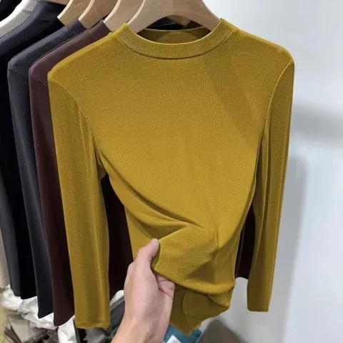 2023 new solid color inner half turtleneck bottoming shirt for women in spring and autumn age-reducing slimming long-sleeved T-shirt top