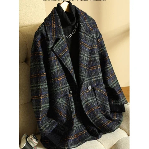 New plaid suit woolen coat autumn and winter women's Korean style loose retro plaid woolen coat mid-length