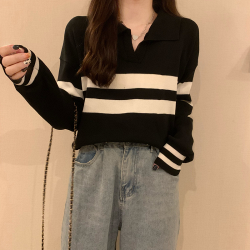 Actual shot of Korean style Polo collar long-sleeved sweater for women striped loose sweater