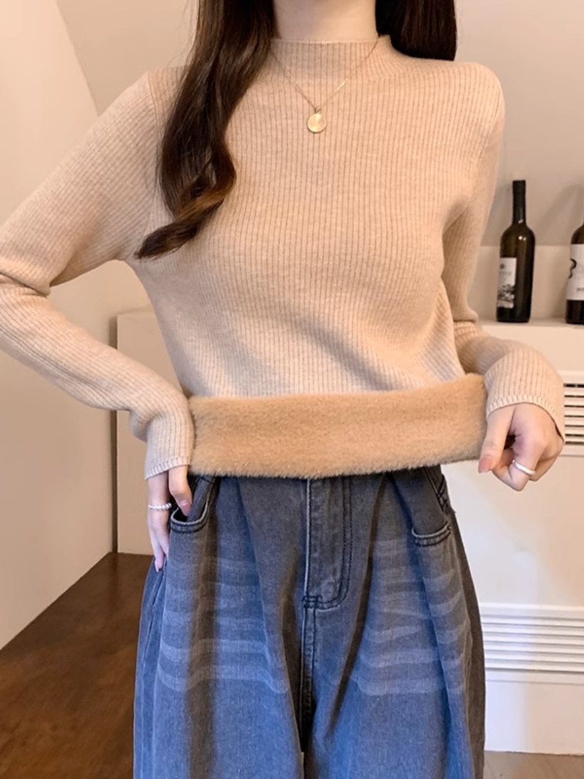 Bottoming shirt for women in autumn and winter plus velvet and thickening 2023 new style half turtleneck style inner long-sleeved sweater top for women