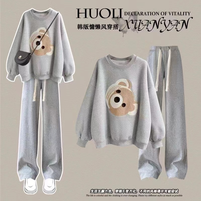 Fat Sister Cute Bear Casual Suit Women's Spring and Autumn New Loose Velvet Sweatshirt and Pants Fashion Two-piece Set