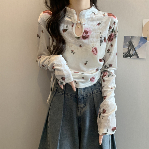 Actual shot of new Chinese-style plate button printed velvet long-sleeved T-shirt for women with pleated slim short bottoming top