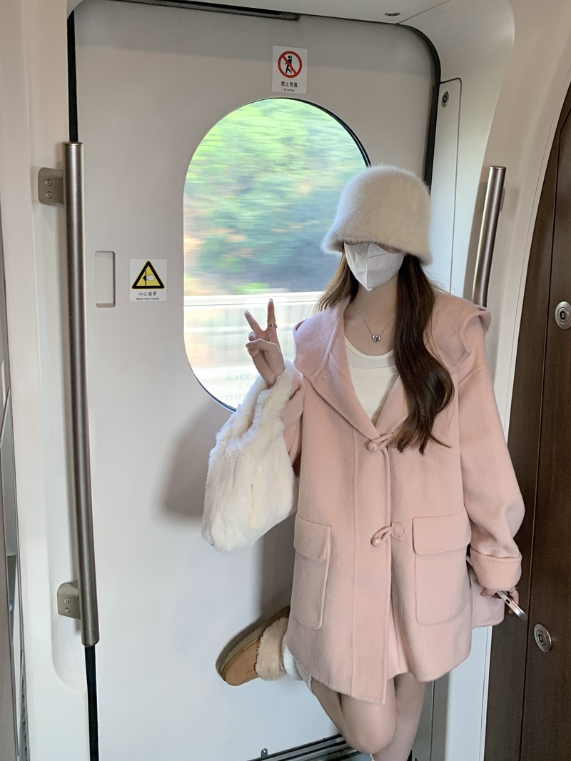 實拍  秋冬減齡少女蜜桃粉連帽毛呢大衣外套