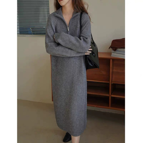  Autumn and Winter New Solid Color Over-the-Knee Mid-Length Loose Bottoming Sweater Skirt Knitted Thickened Dress for Women