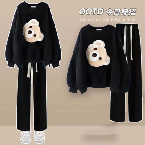 Fat Sister Cute Bear Casual Suit Women's Spring and Autumn New Loose Velvet Sweatshirt and Pants Fashion Two-piece Set