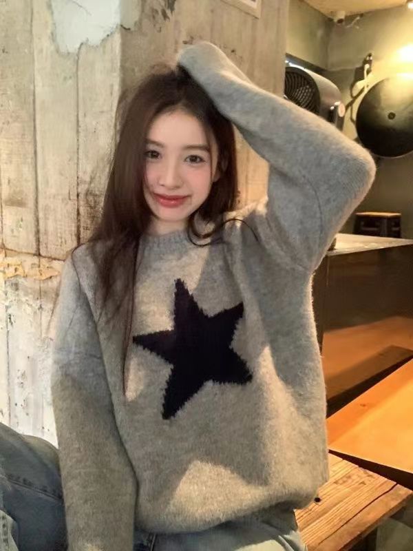 Retro star embroidered long-sleeved pullover sweater for women 2023 autumn loose and versatile slim casual top