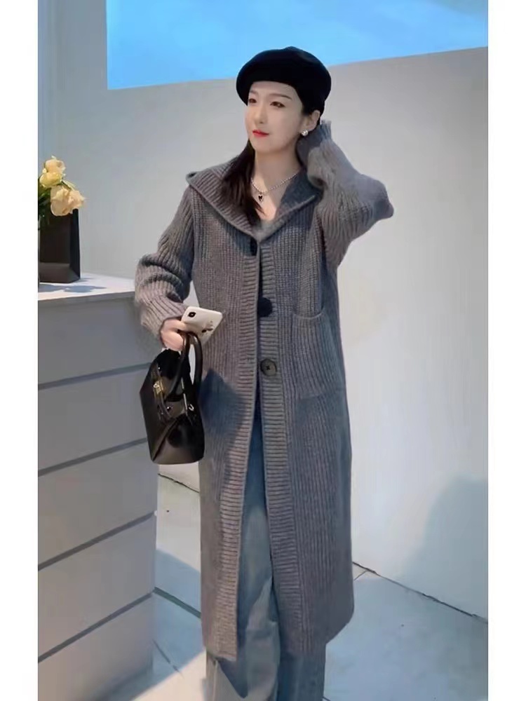 Korean new style loose and lazy style outer knitted cardigan for women, versatile mid-length hooded sweater, long coat for women