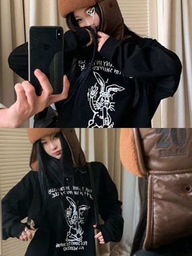 Actual shot~Niche retro rock bunny letter print loose thickened T-shirt mid-length long-sleeved casual