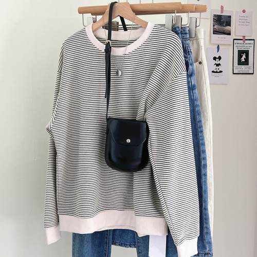 Actual shot of striped textured sweatshirt for women round neck pullover casual  autumn and winter versatile loose long-sleeved top