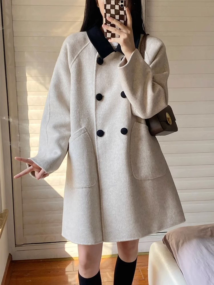 Retro contrasting color lapel mid-length woolen coat for women small Korean style loose slim versatile woolen coat for women