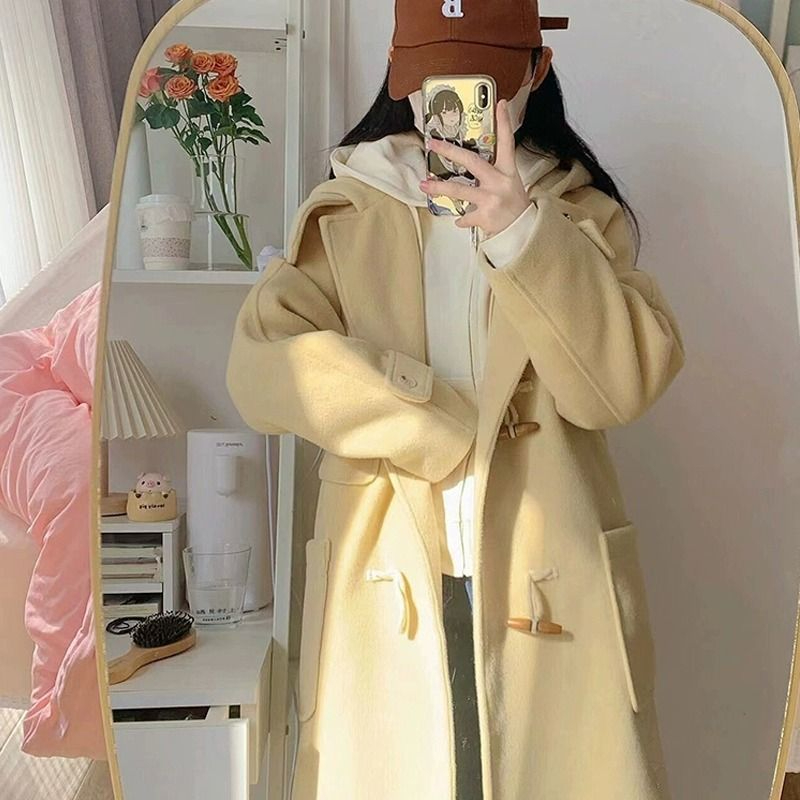 Woolen coat women's autumn and winter 2023 niche college style small trendy long hooded horn button woolen coat