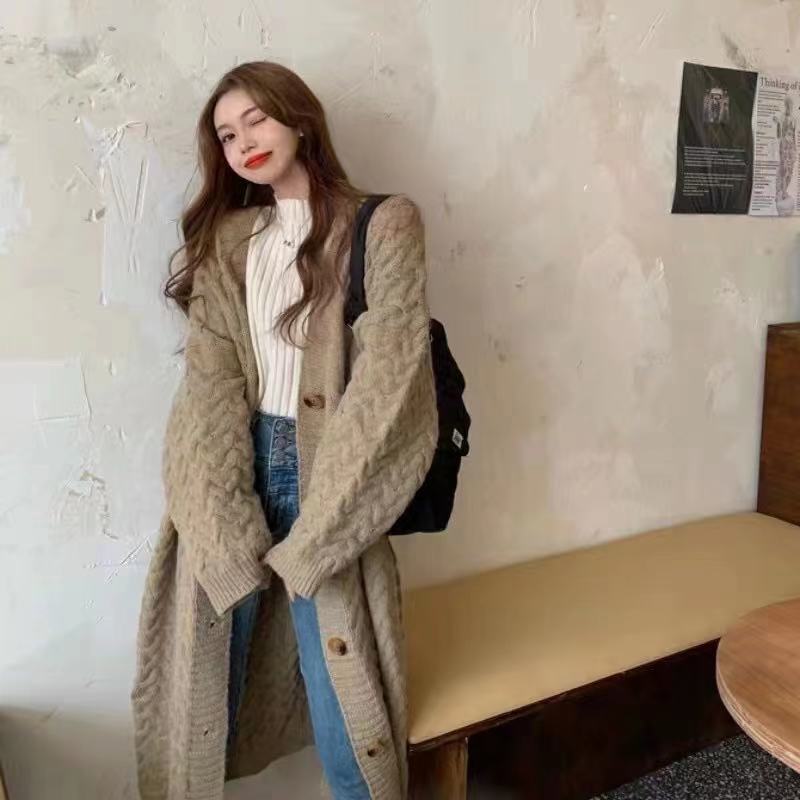 Autumn and winter large size fat girl Korean style long-sleeved cardigan lazy style twist thickened long knee-length knitted cardigan