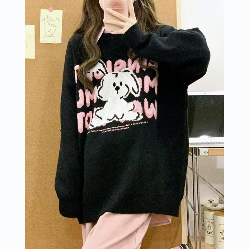 American fashion brand cartoon round neck sweatshirt for women autumn and winter niche pullover Hong Kong style rabbit print loose and versatile top