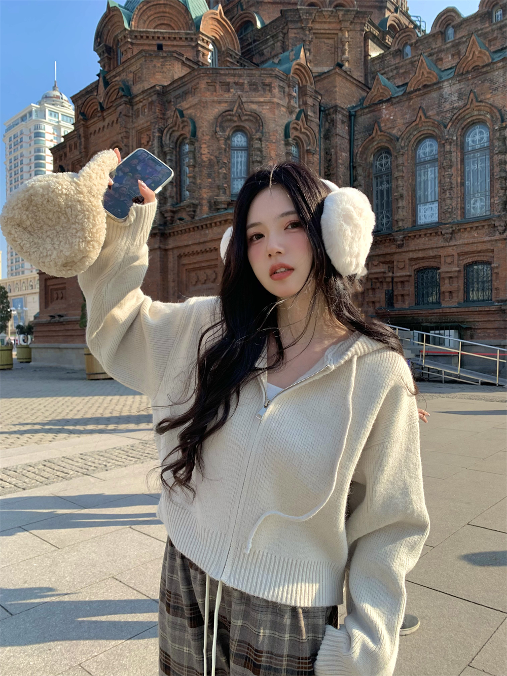 Real shot of design zipper hooded sweater cardigan jacket for women loose short knitted top