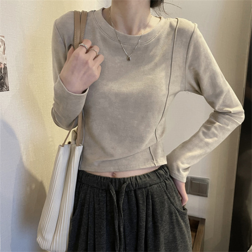 Real shot of autumn and winter round neck long-sleeved tops for women, slim-fitting inner layering shirts, velvet thickened T-shirts, short styles