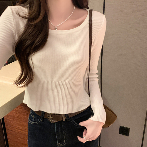 Real shot#Right shoulder u-neck long-sleeved sweater for women autumn design sweater bottoming shirt with slim fit top