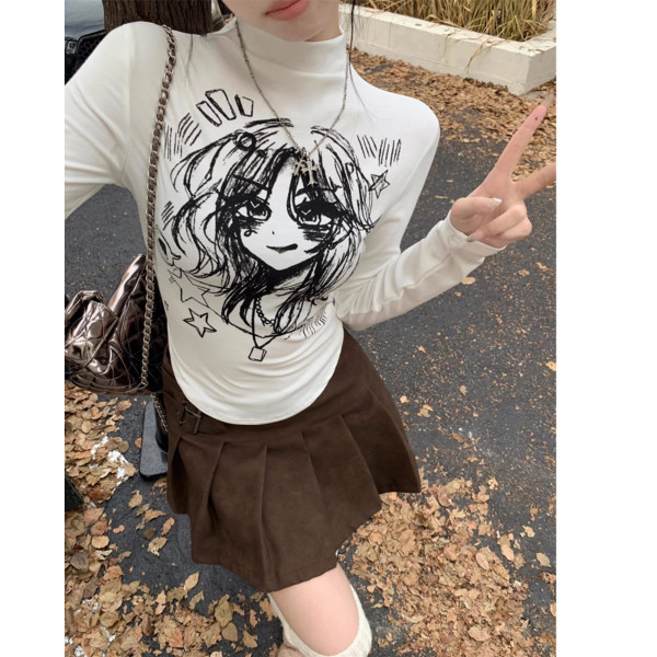 Spring and Autumn new style versatile T-shirt for women Korean style half turtleneck long sleeve cartoon print slim fit versatile top trendy