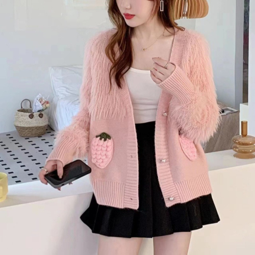 Autumn new imitation mink velvet hand hook sweet strawberry embroidery sweater jacket loose V-neck short knitted cardigan for women